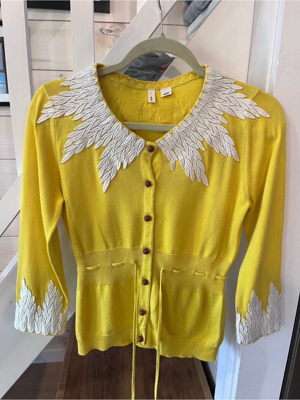 Moth Anthropologie Yellow Cardigan with White Embroidered Leaf Collar